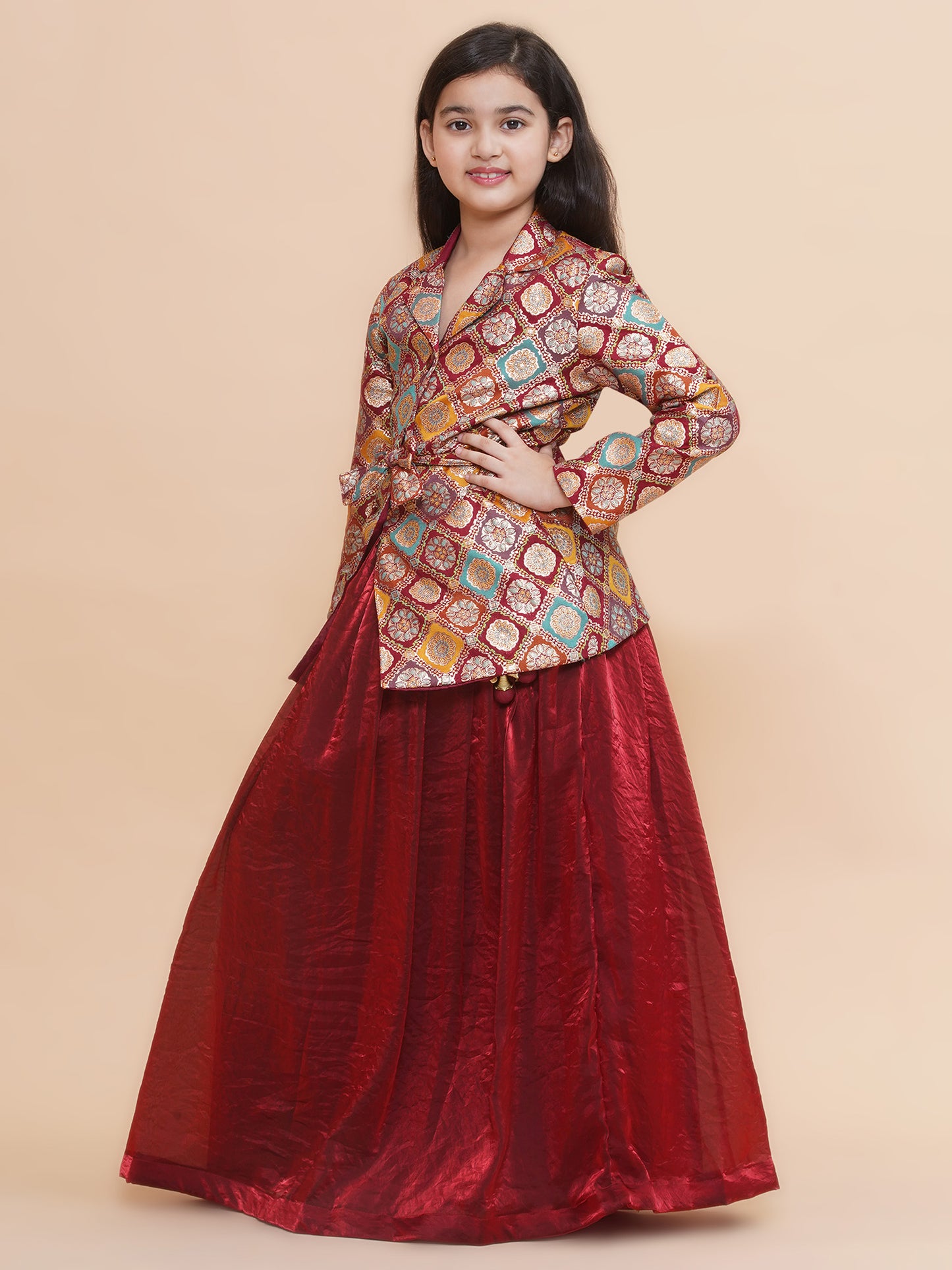 Girls Silk Blazer And Tissue Lehenga With Belt
