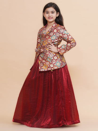 Girls Silk Blazer And Tissue Lehenga With Belt