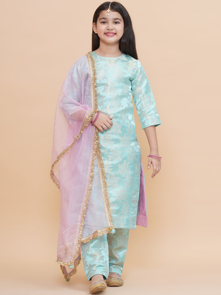 Girls Icy Aqua Brocade Silk Kurta And Pants Set With Dupatta