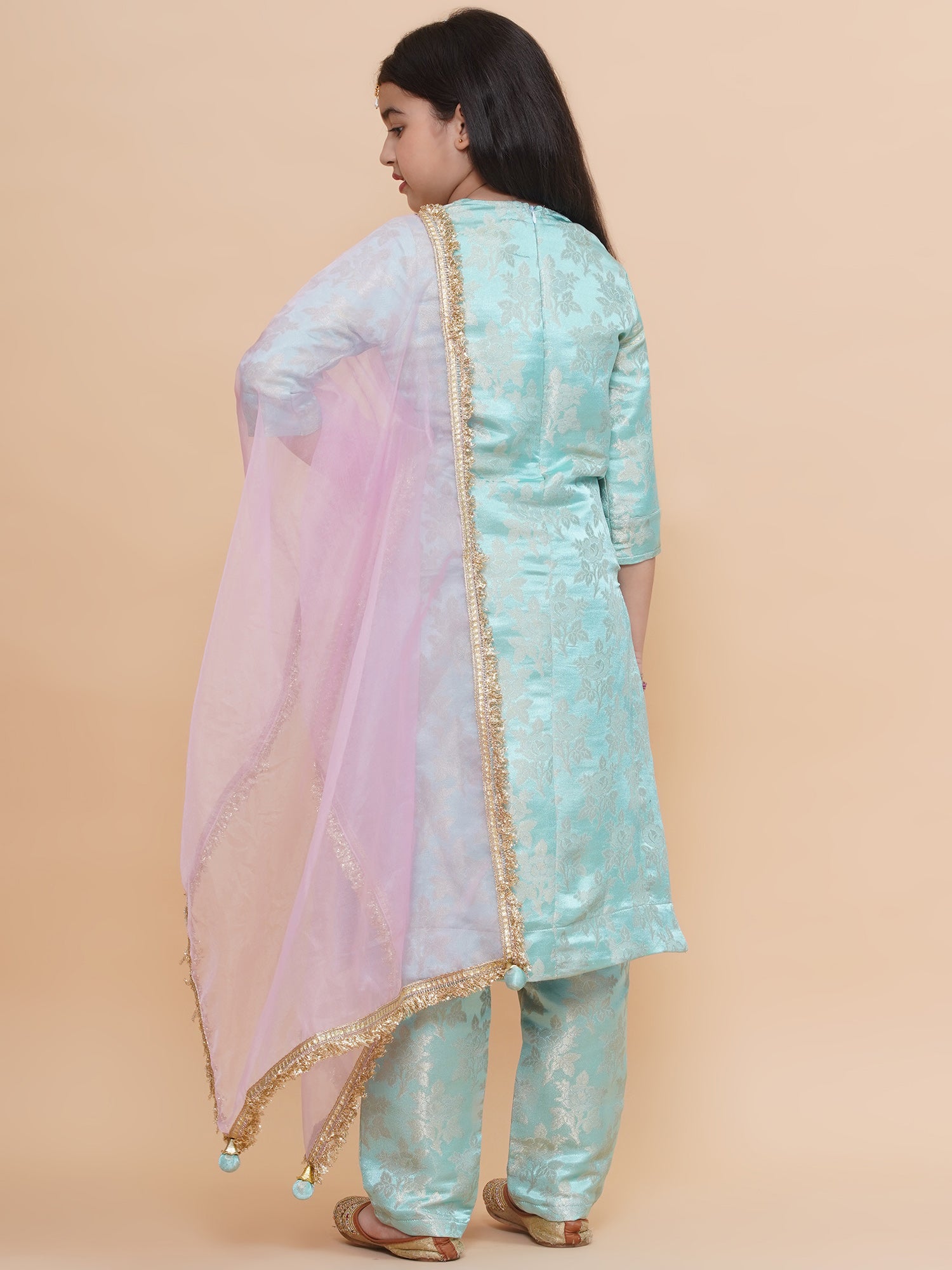 Girls Icy Aqua Brocade Silk Kurta And Pants Set With Dupatta