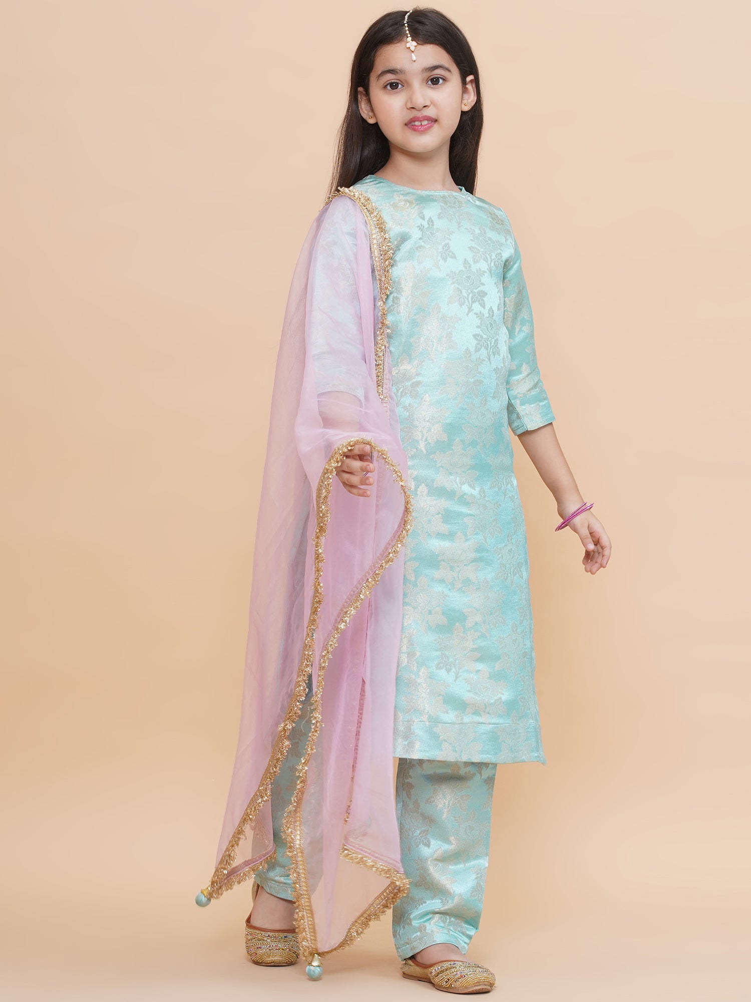 Girls Icy Aqua Brocade Silk Kurta And Pants Set With Dupatta