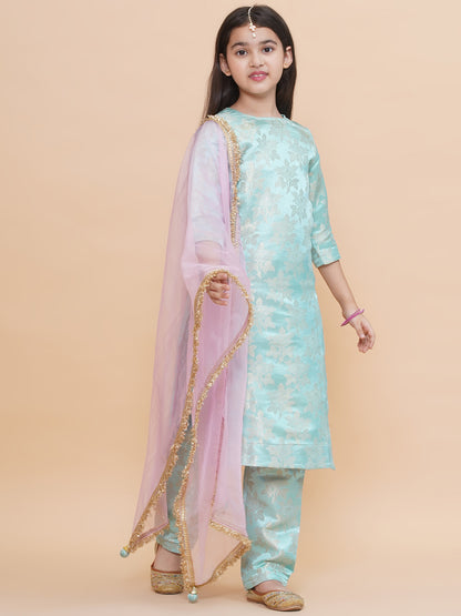 Girls Icy Aqua Brocade Silk Kurta And Pants Set With Dupatta