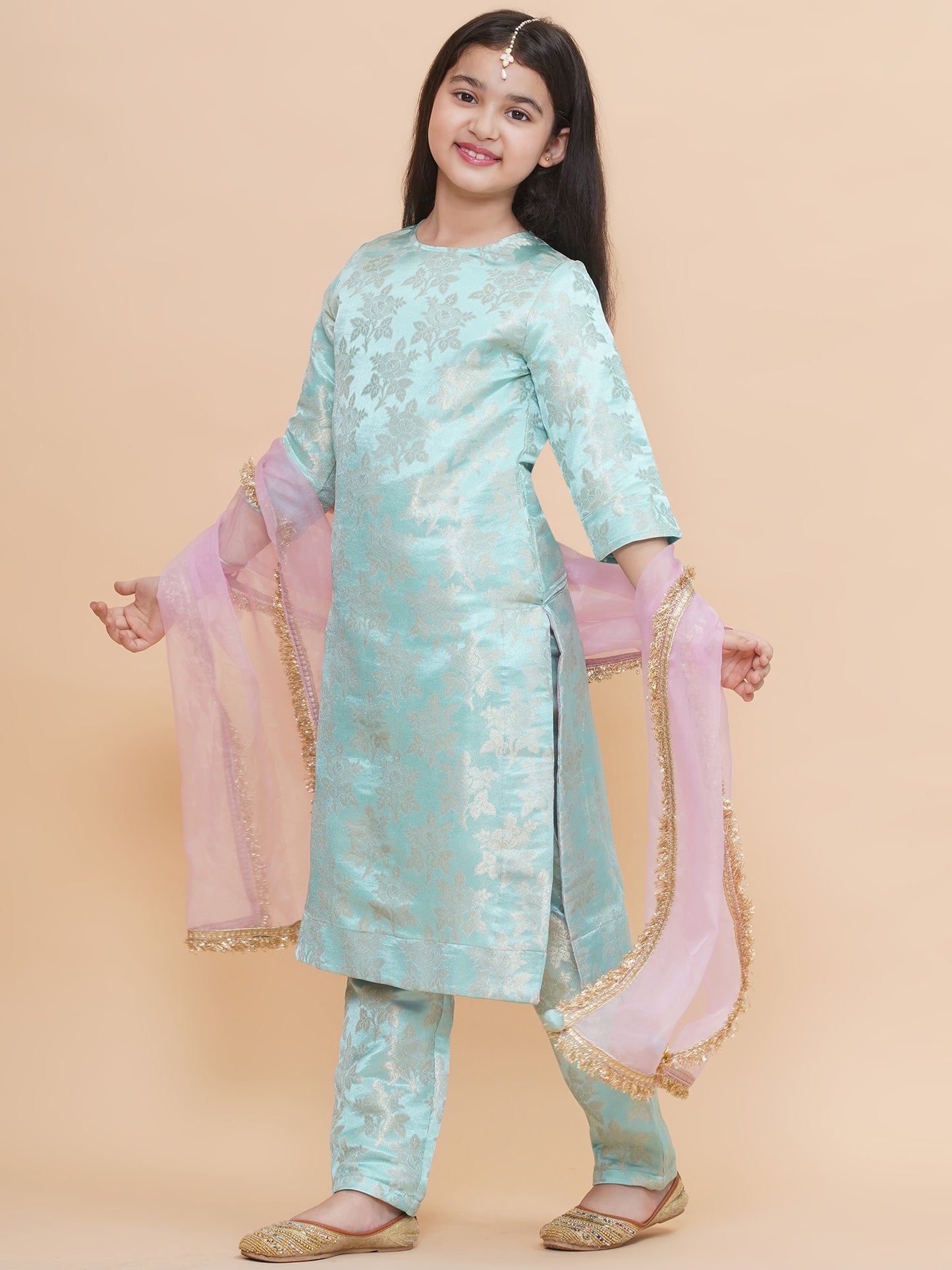 Girls Icy Aqua Brocade Silk Kurta And Pants Set With Dupatta