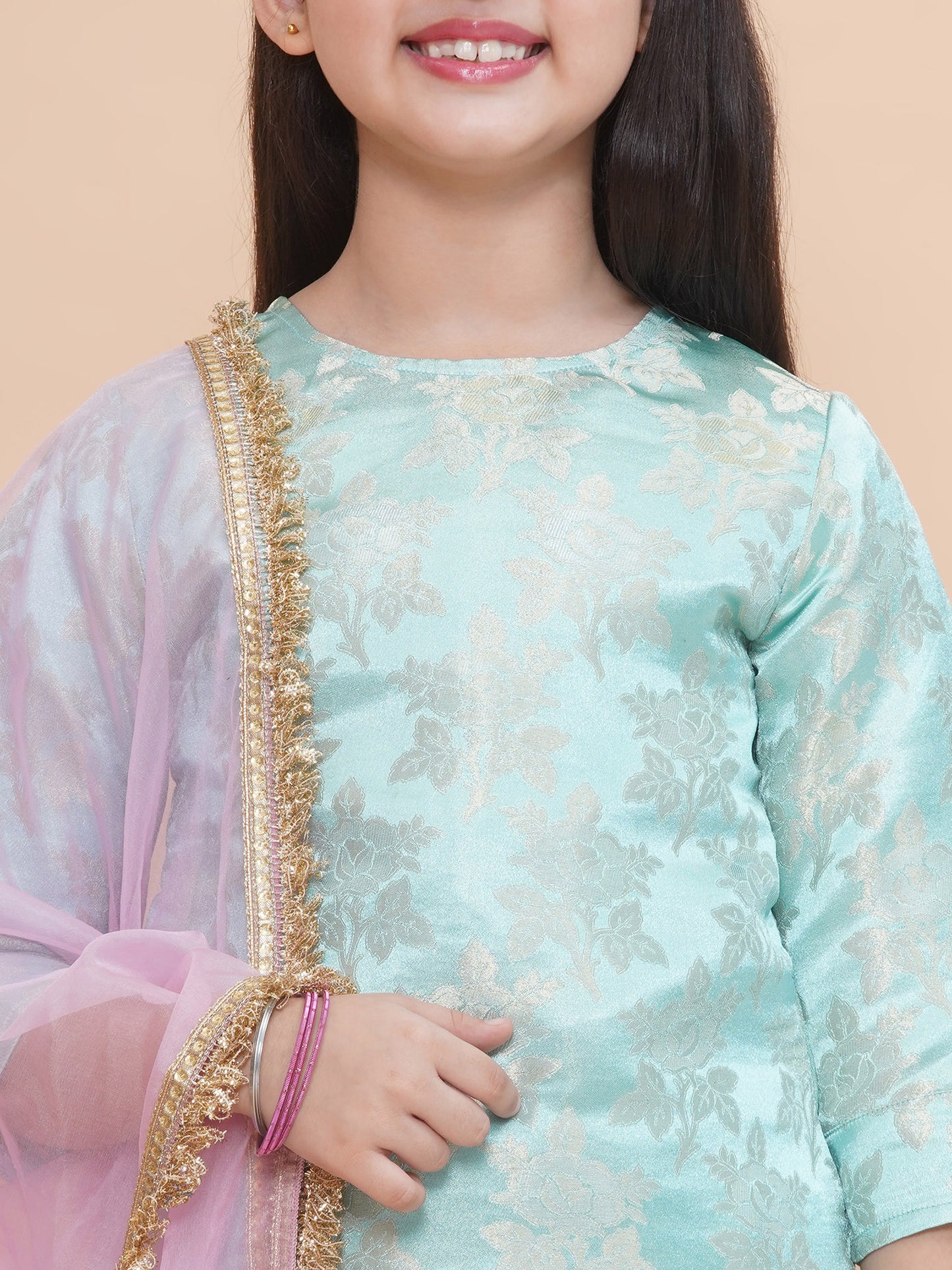 Girls Icy Aqua Brocade Silk Kurta And Pants Set With Dupatta