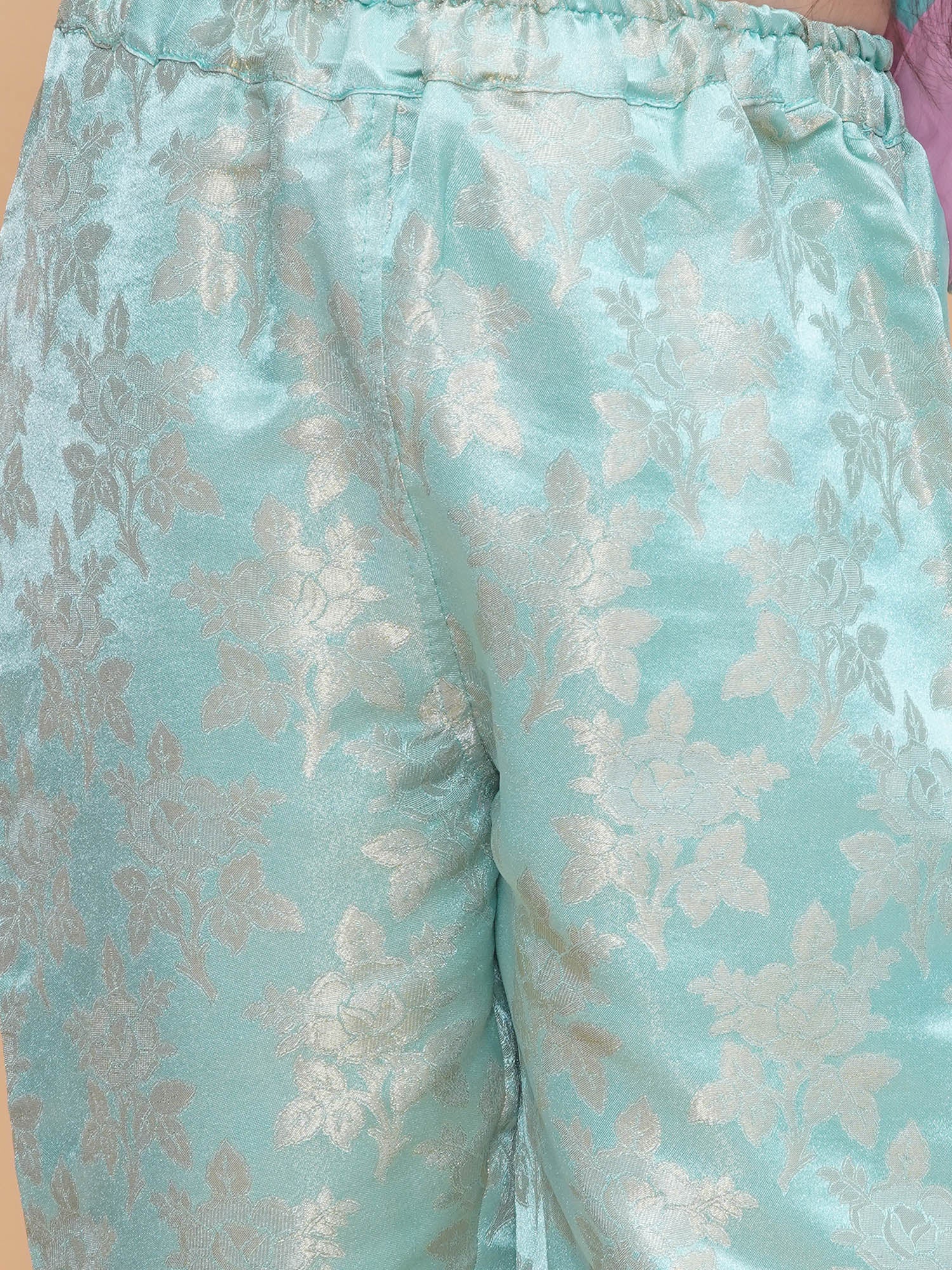 Girls Icy Aqua Brocade Silk Kurta And Pants Set With Dupatta