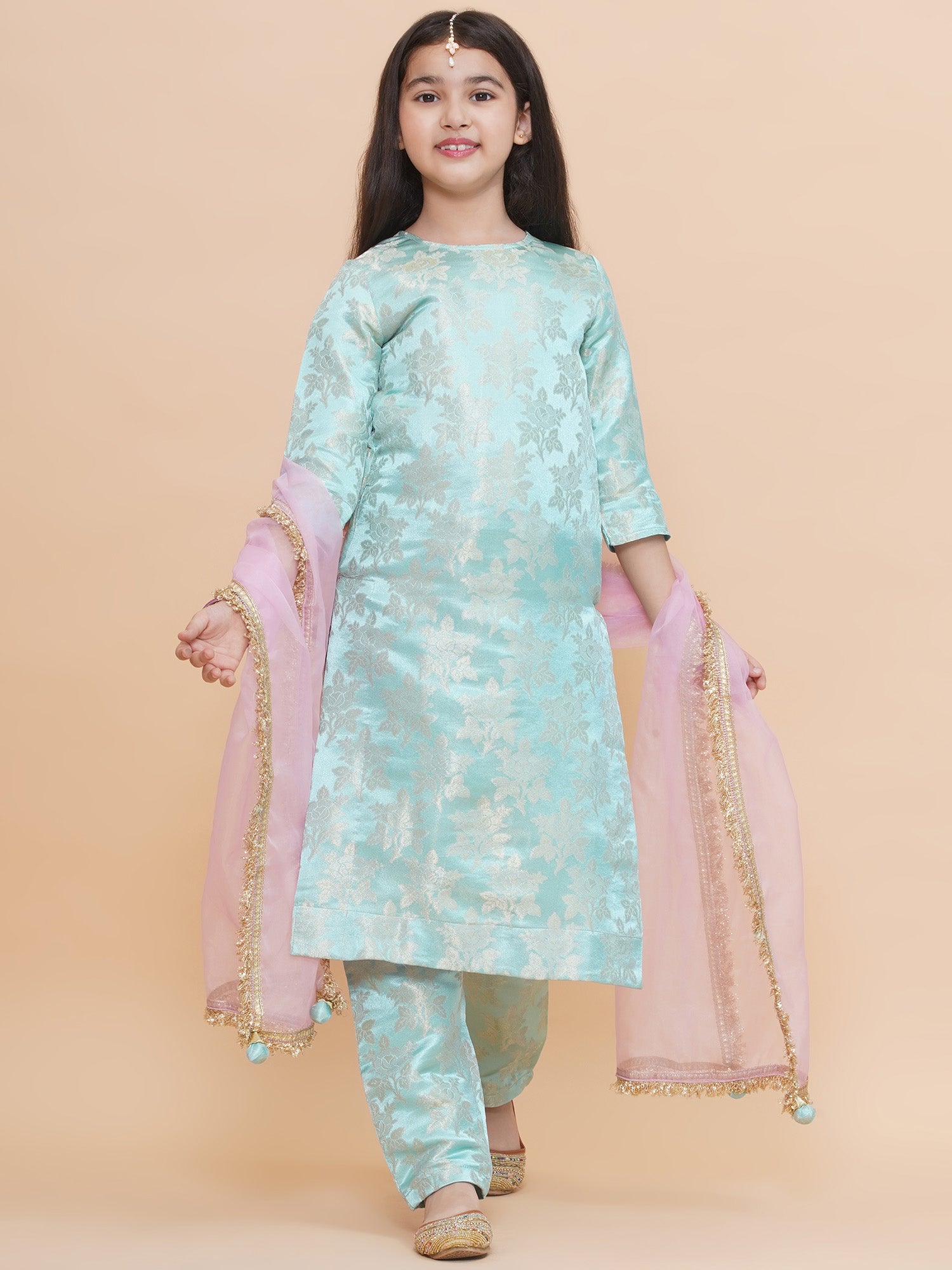 Girls Icy Aqua Brocade Silk Kurta And Pants Set With Dupatta