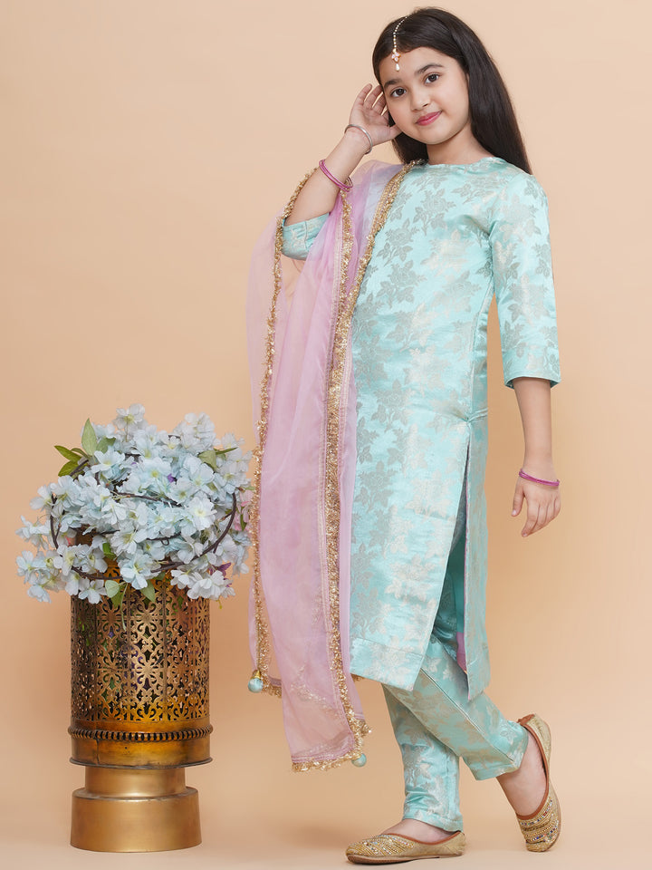 Girls Icy Aqua Brocade Silk Kurta And Pants Set With Dupatta