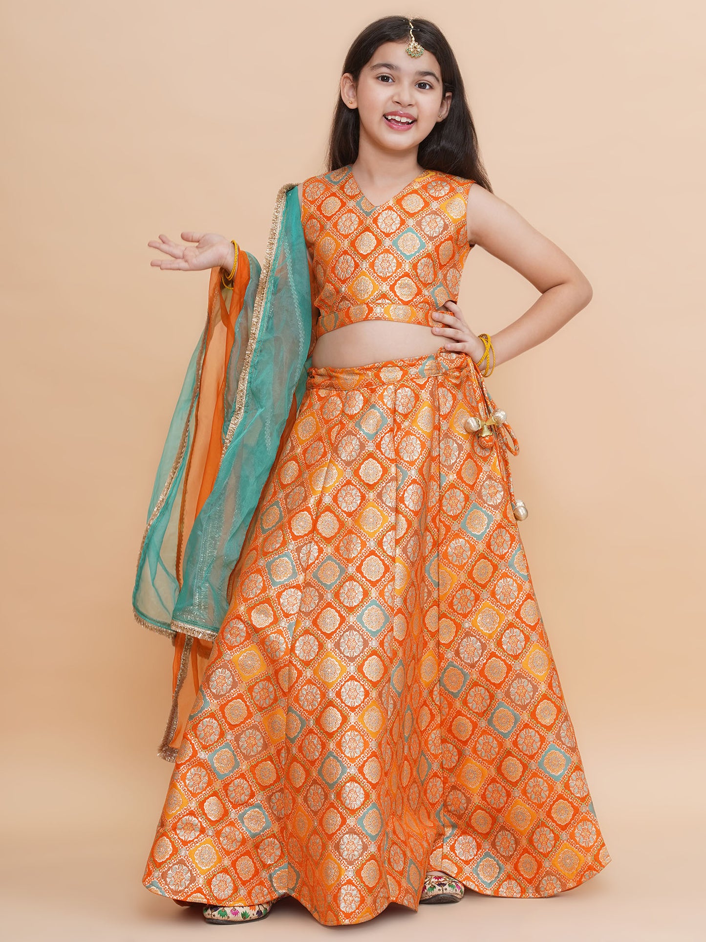 Girls Orange Brocade Silk Scalloped Lehenga Set With Organza Dupatta