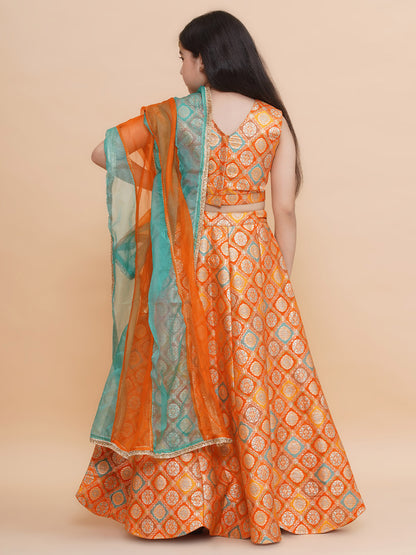 Girls Orange Brocade Silk Scalloped Lehenga Set With Organza Dupatta