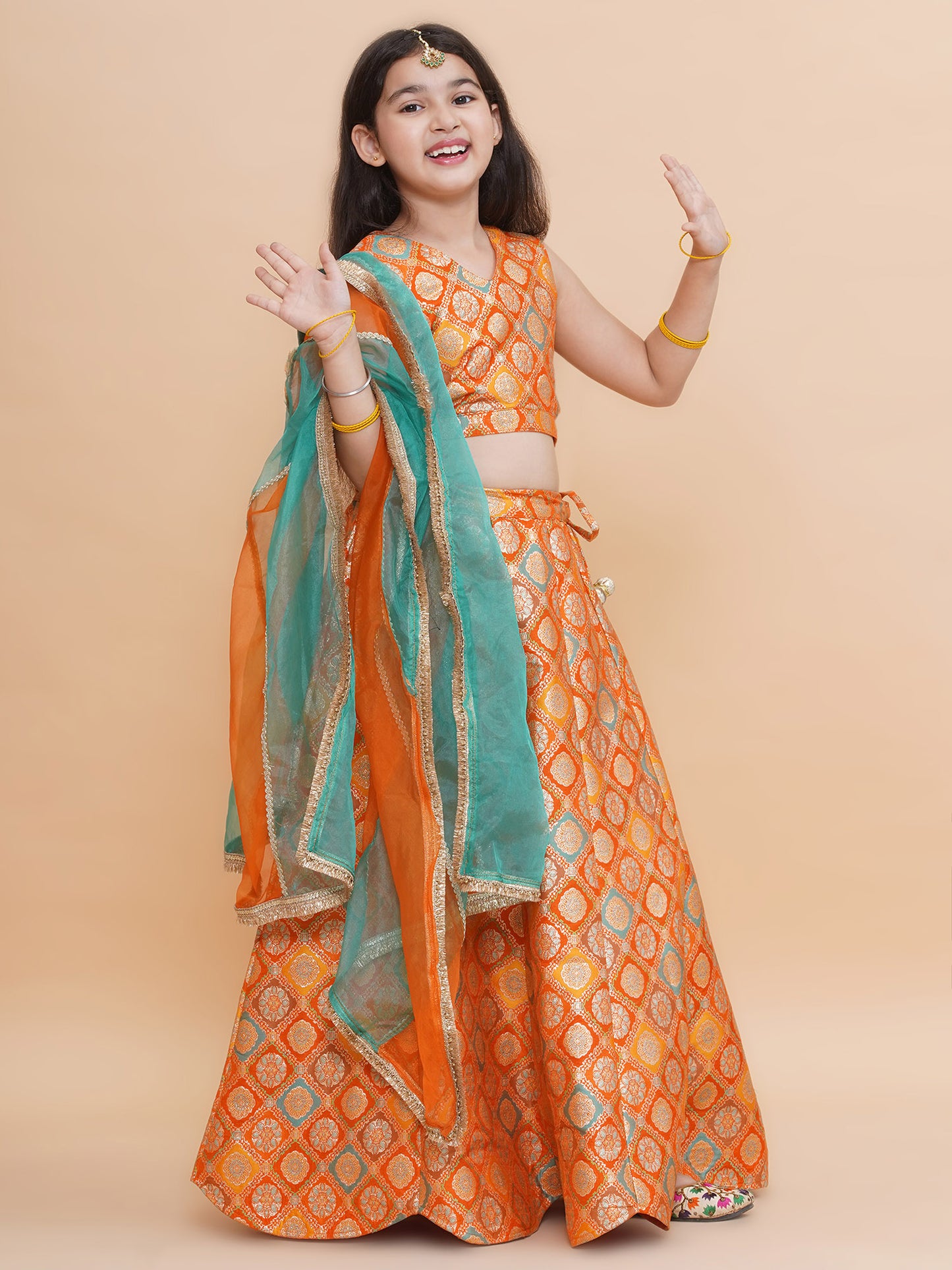 Girls Orange Brocade Silk Scalloped Lehenga Set With Organza Dupatta