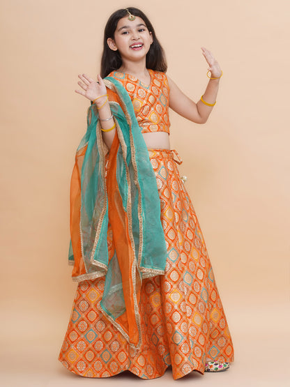 Girls Orange Brocade Silk Scalloped Lehenga Set With Organza Dupatta