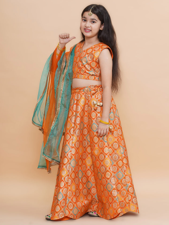 Girls Orange Brocade Silk Scalloped Lehenga Set With Organza Dupatta