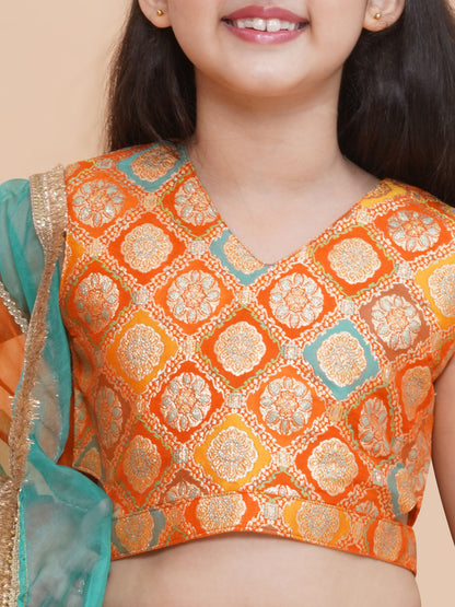 Girls Orange Brocade Silk Scalloped Lehenga Set With Organza Dupatta