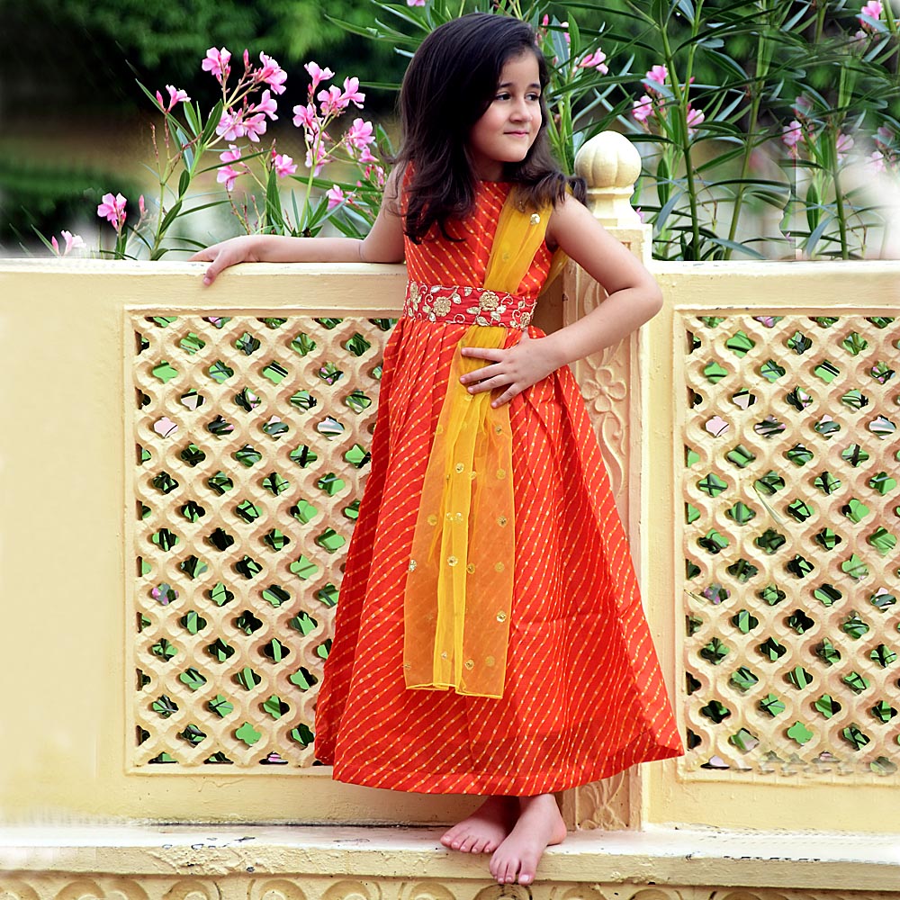 Girls Orange Floor Length Anarkali With Dupatta