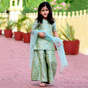 Girls Pastel Green Brocade Silk Kurta, Sharara Set With Dupatta