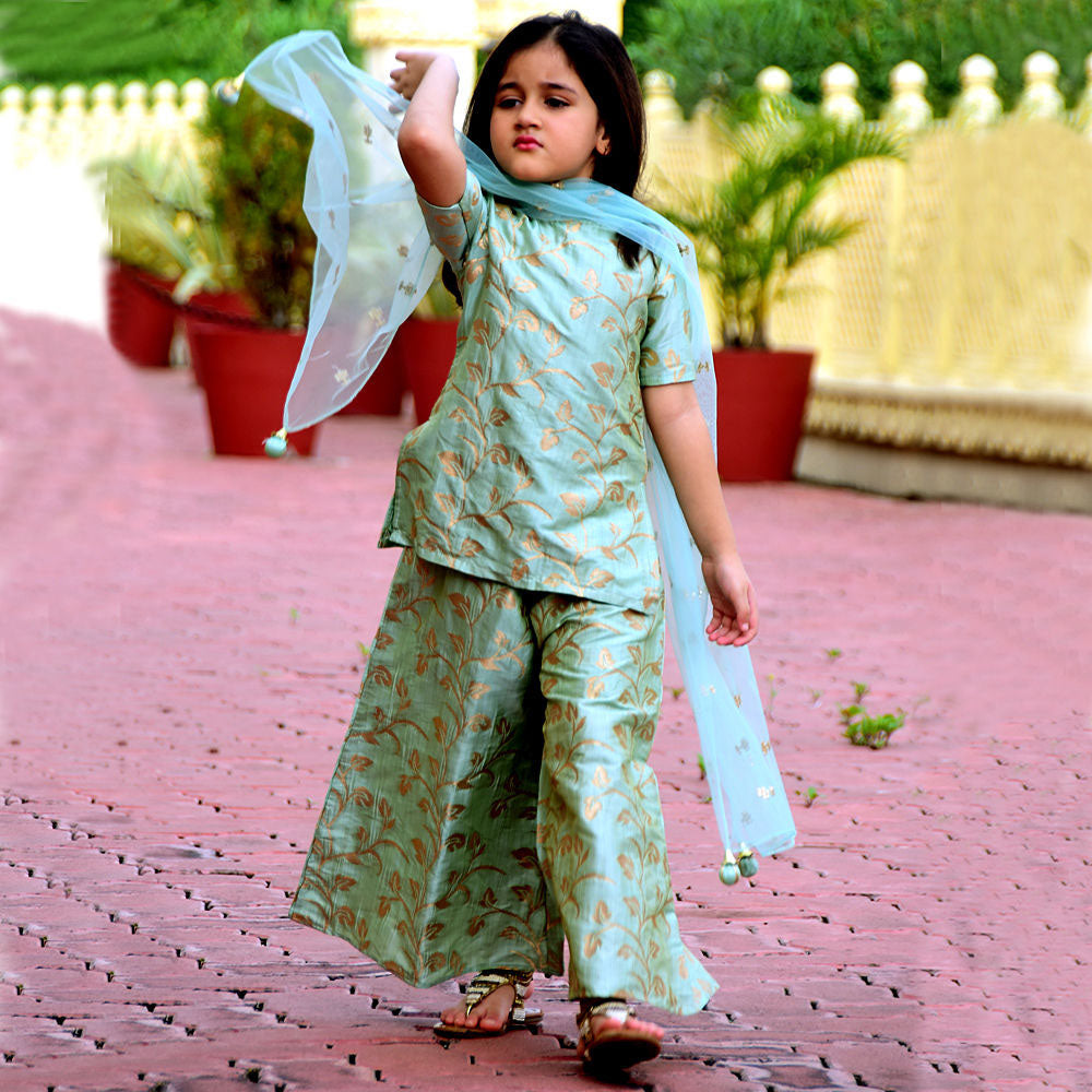 Half Sleeve kurti With Palazo Set-Green
