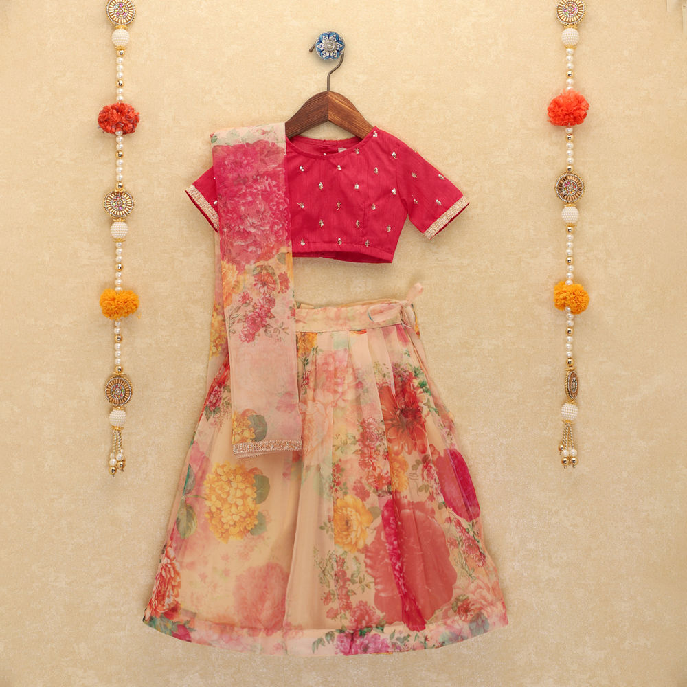 Girls Red Embellished Blouse And Floral Lehenga Set With Dupatta
