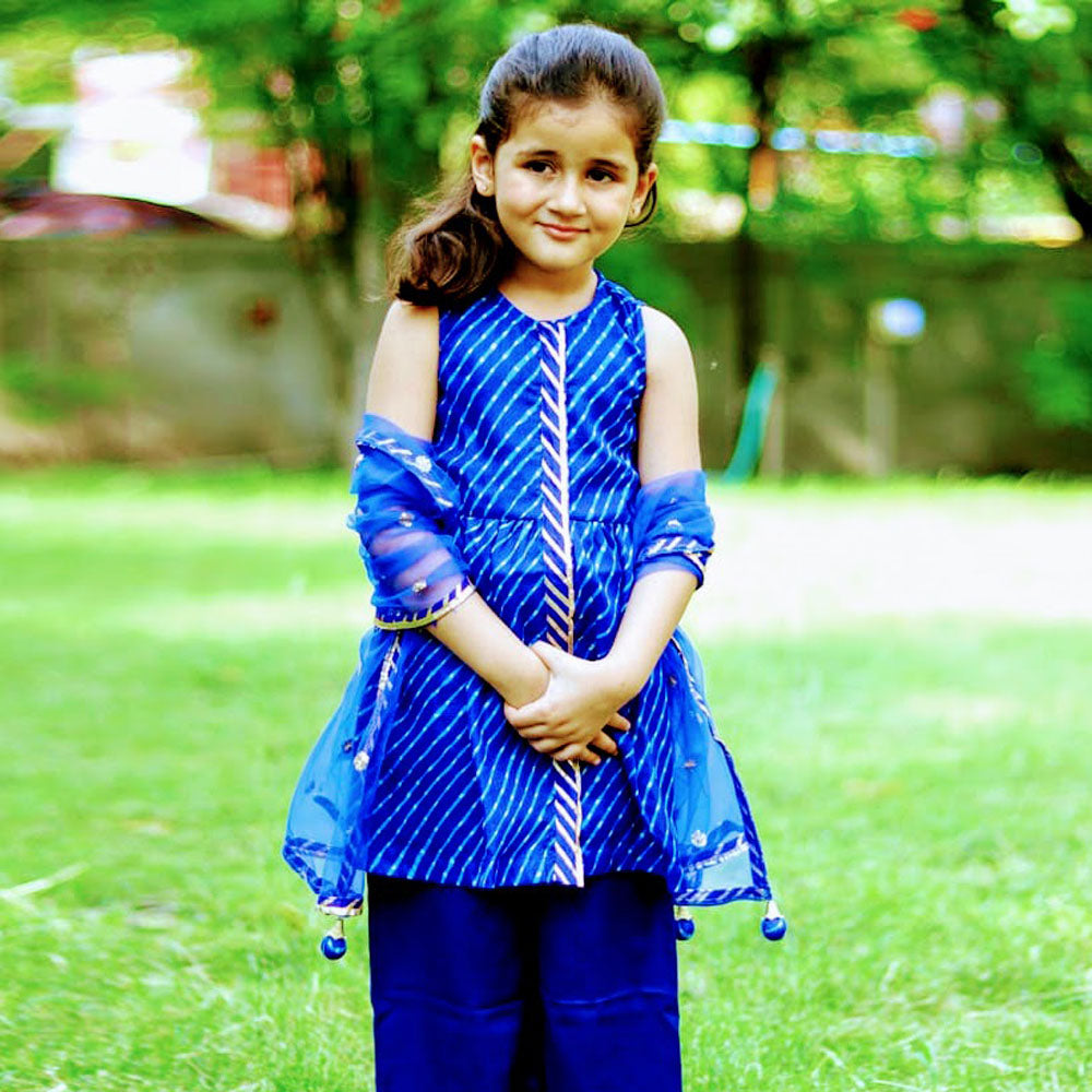 Girls Royal Blue Bandhani Print Kurta And Pants Set With Dupatta