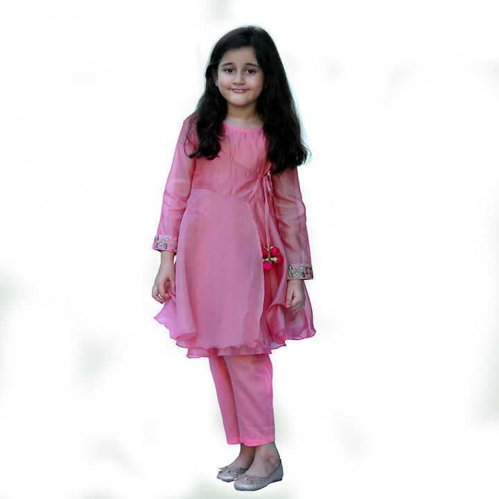 Girls Pink Angrakha Kurta And Pants Set
