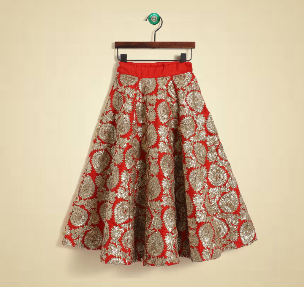 Red Wing Sleeves Applique Floral Printed Blouses and Leghenga Set