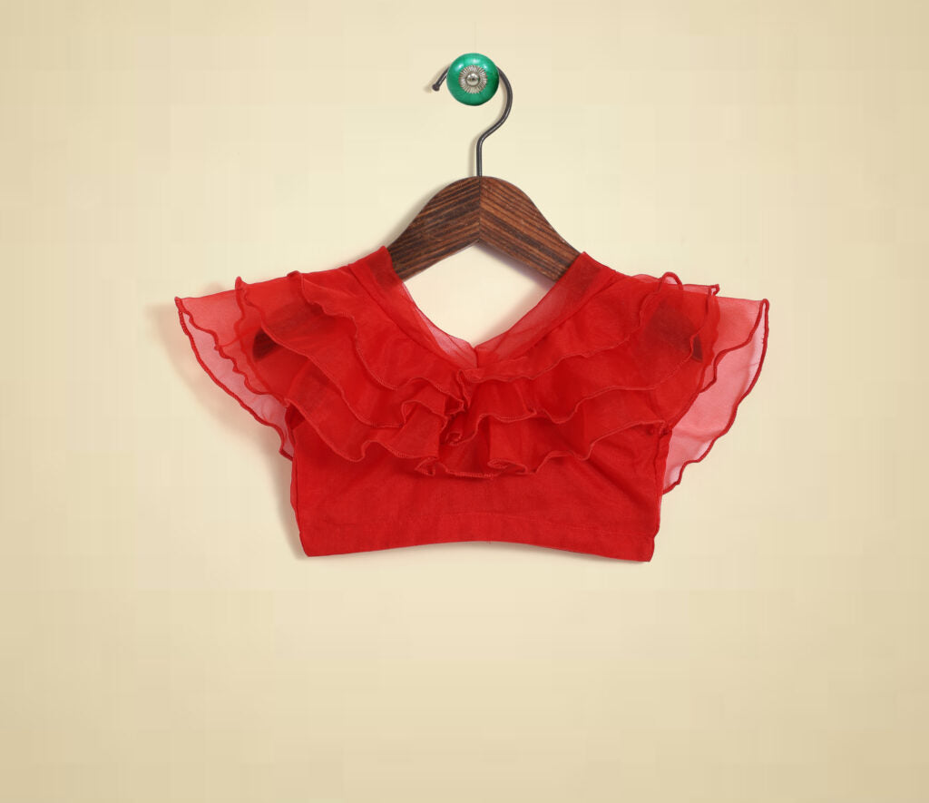 Red Wing Sleeves Applique Floral Printed Blouses and Leghenga Set