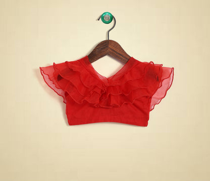 Red Wing Sleeves Applique Floral Printed Blouses and Leghenga Set