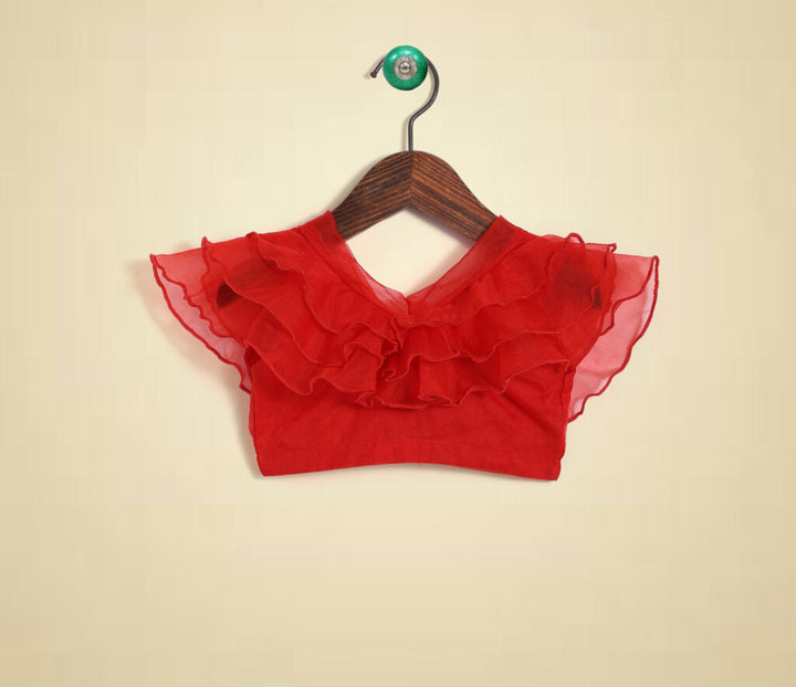 Red Wing Sleeves Applique Floral Printed Blouses and Leghenga Set
