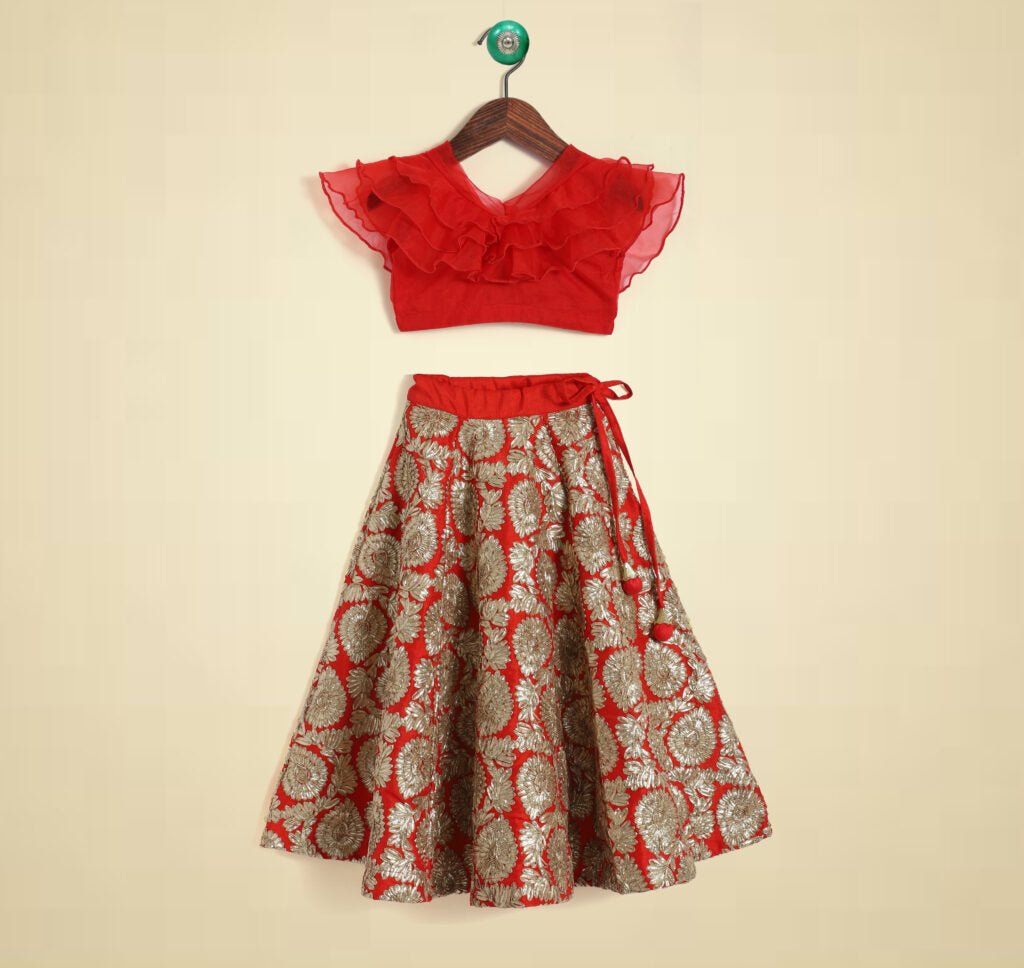 Girls Red Ruffled Sleeves Applique Blouse & Floral Motif Lehenga Set