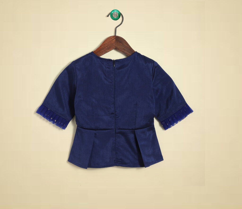 Blue Elbow Sleeves Solid Sequin Blouse and Lehenga Set