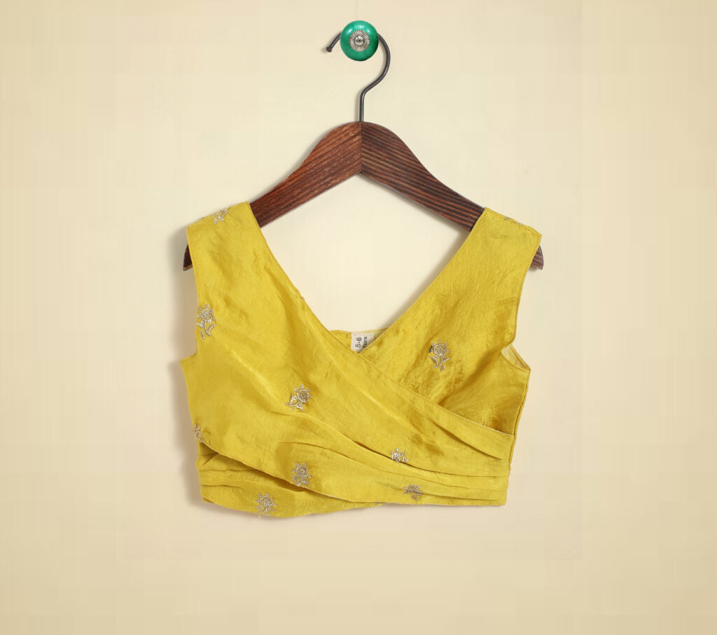 Girls Yellow Floral Mukaish Embroidery Wrap Bouse
