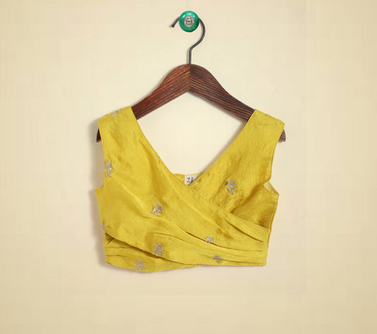 Girls Yellow Floral Mukaish Embroidery Wrap Bouse