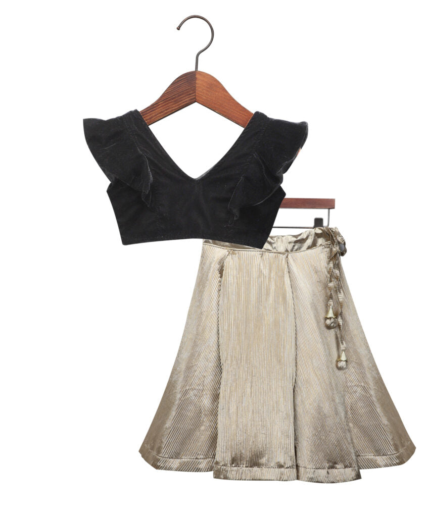 Velvet Ruffled Blouse With Foil Pleated Lehenga