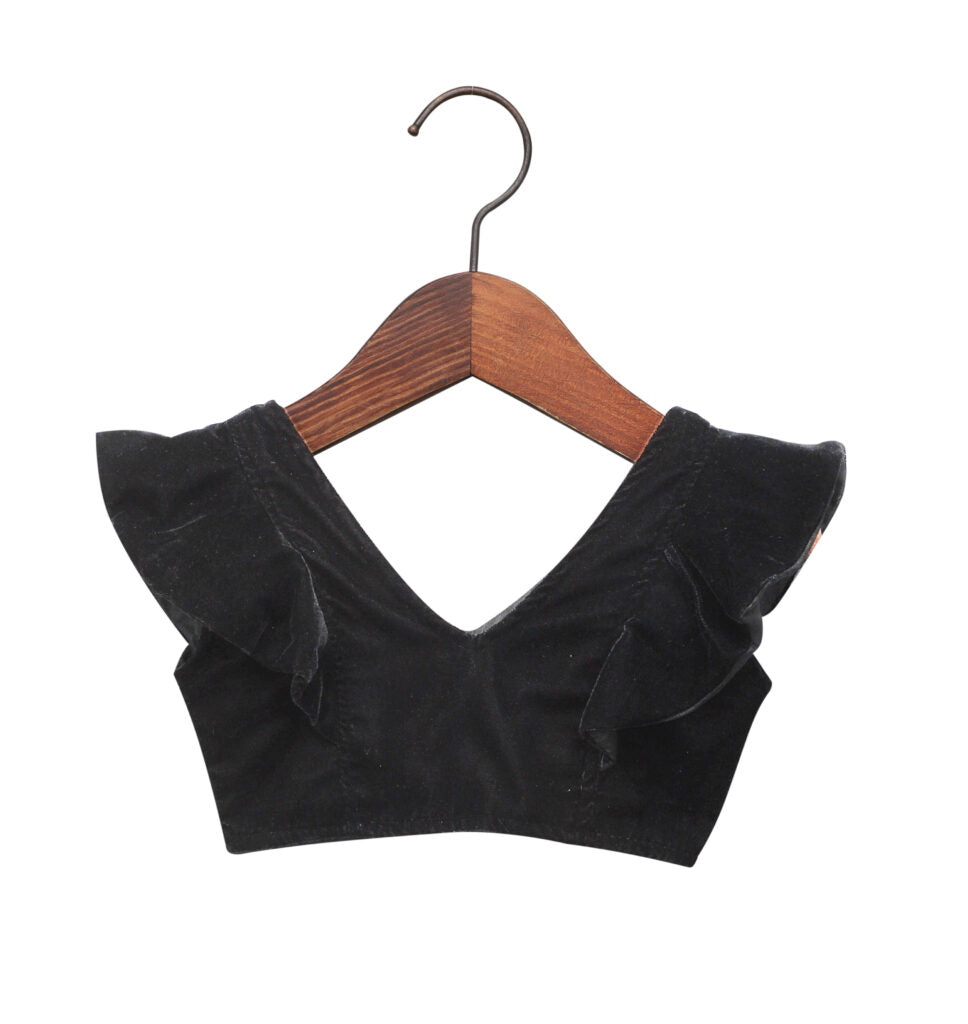 Velvet Ruffled Blouse With Foil Pleated Lehenga