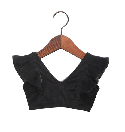 Velvet Ruffled Blouse With Foil Pleated Lehenga