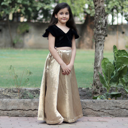 Velvet Ruffled Blouse With Foil Pleated Lehenga