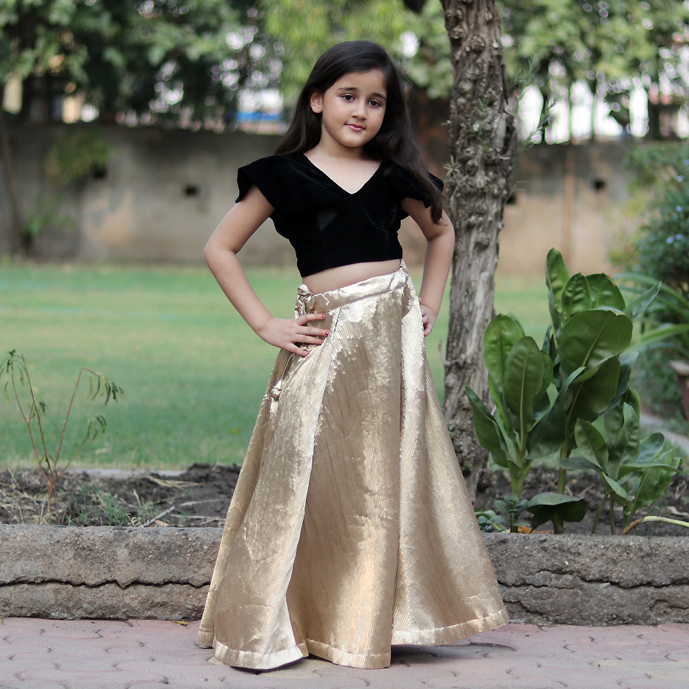 Velvet Ruffled Blouse With Foil Pleated Lehenga