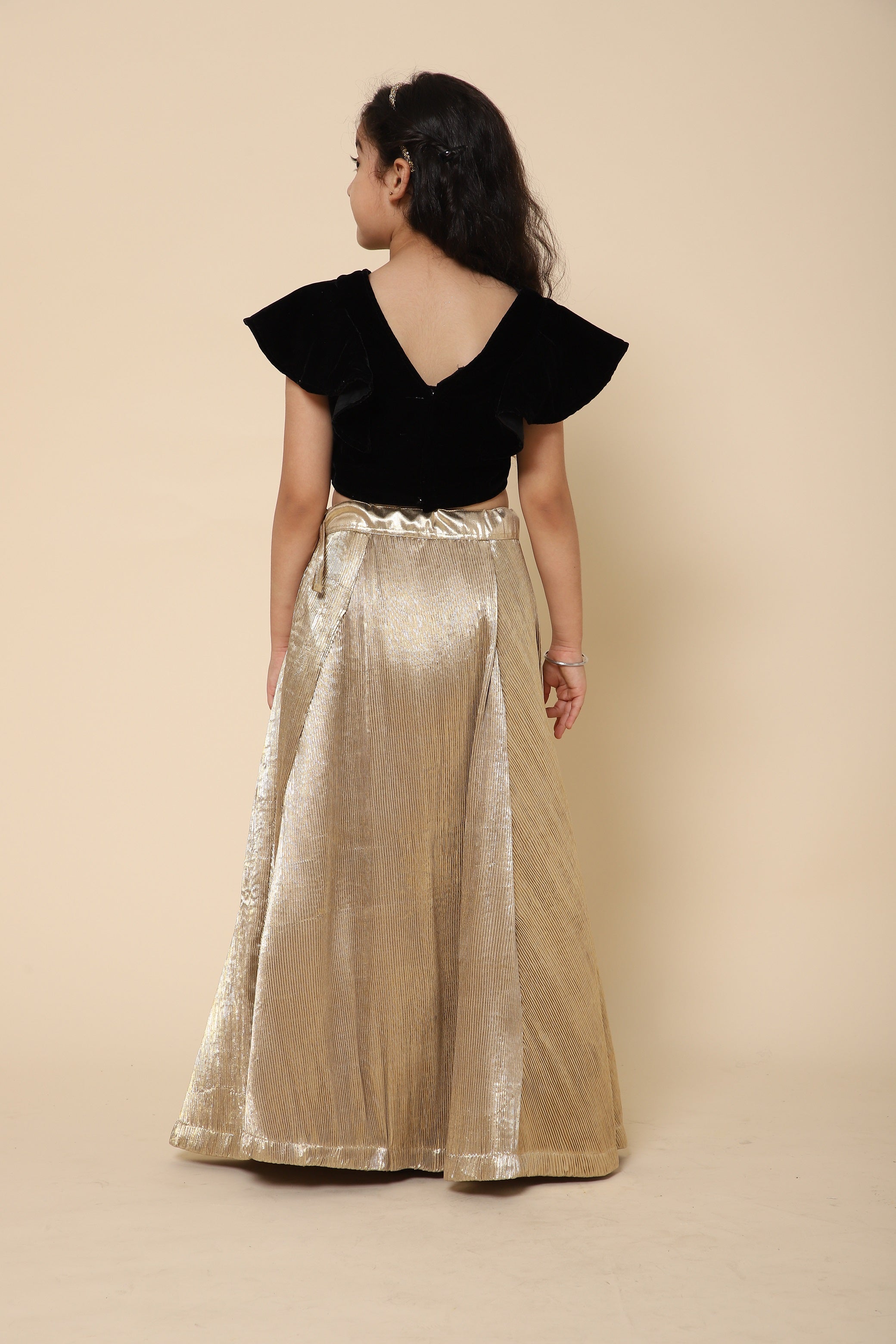 PICCOLO Black Velvet Ruffle Crop Top with Gold Pleated Lehenga