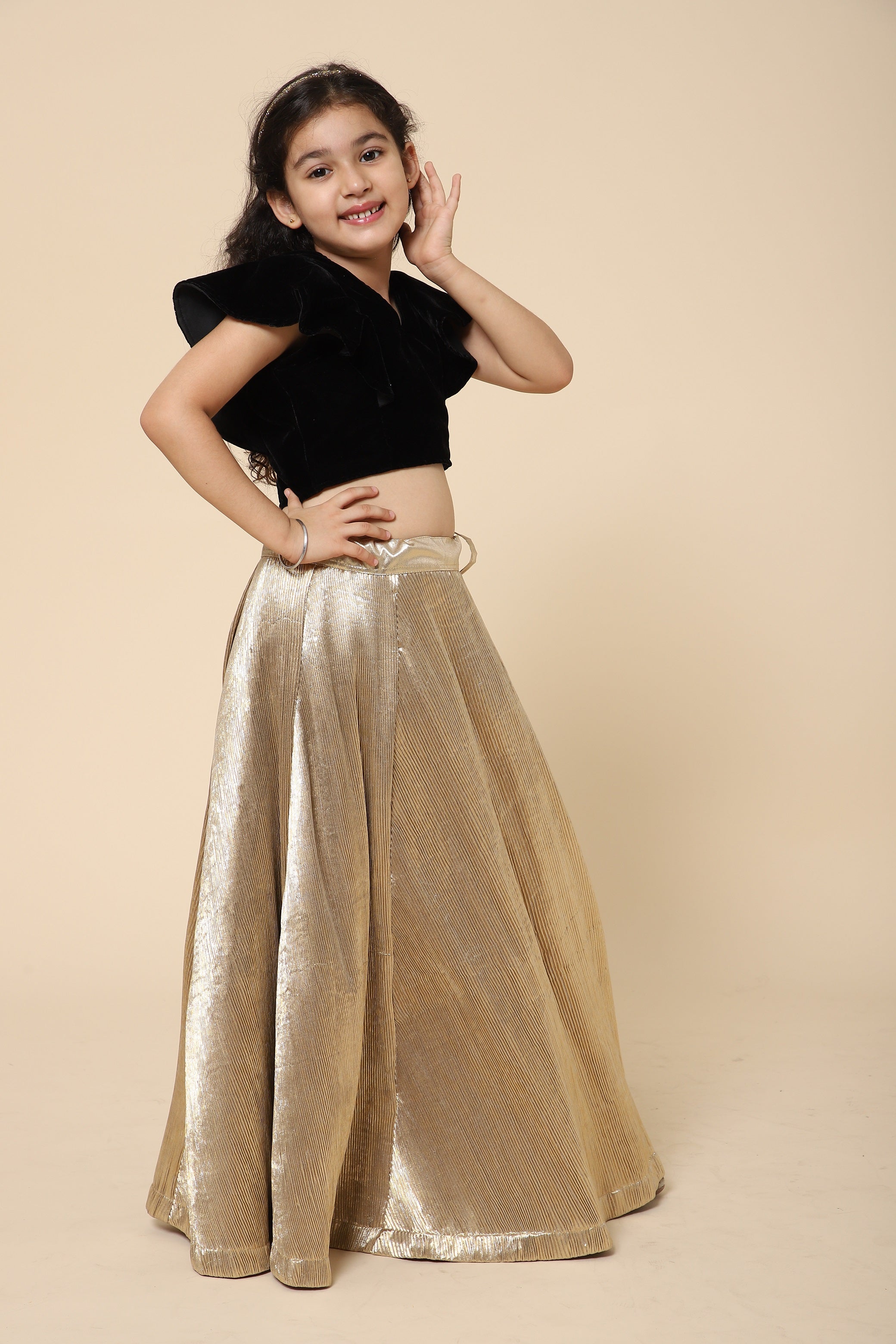 PICCOLO Black Velvet Ruffle Crop Top with Gold Pleated Lehenga