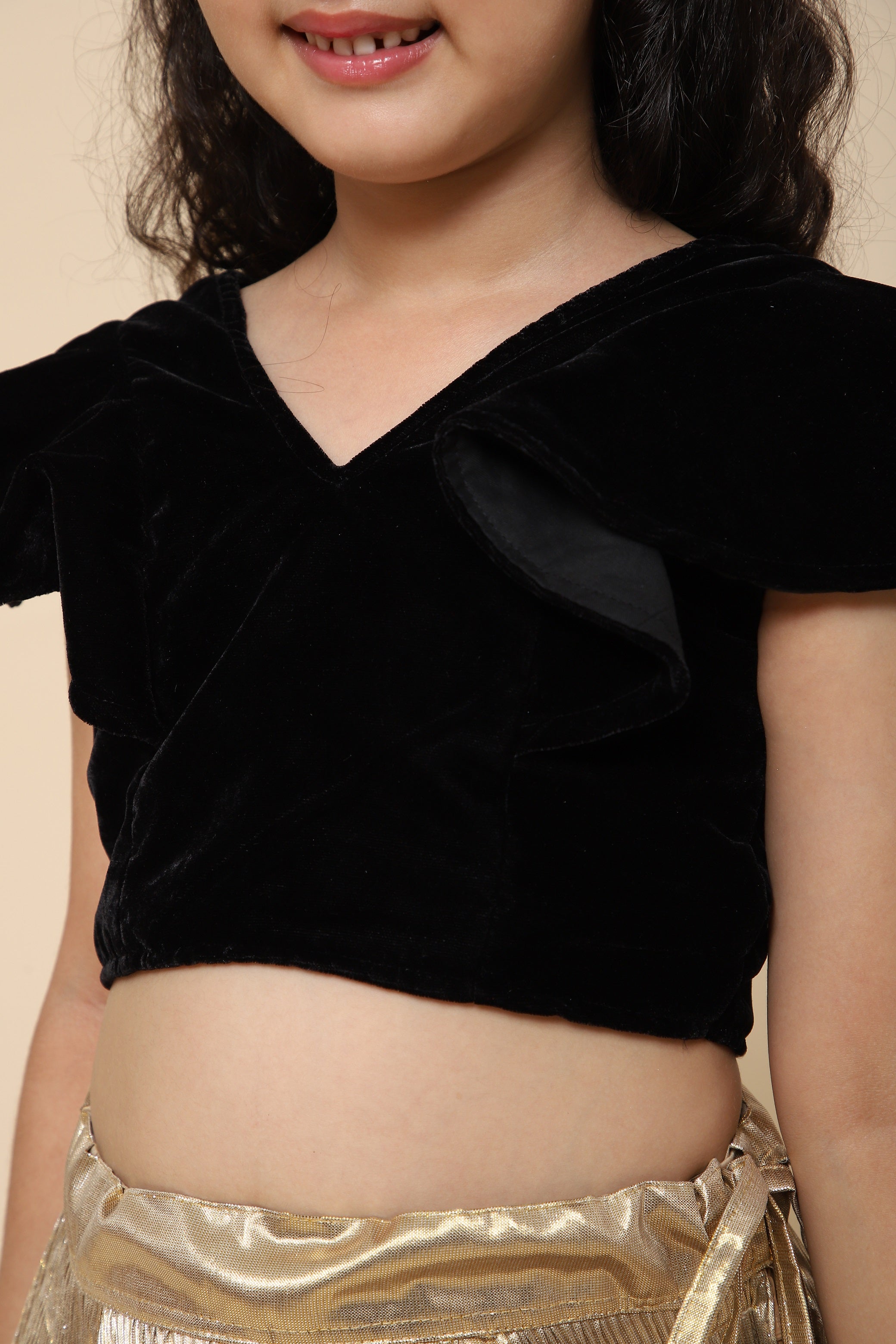 PICCOLO Black Velvet Ruffle Crop Top with Gold Pleated Lehenga