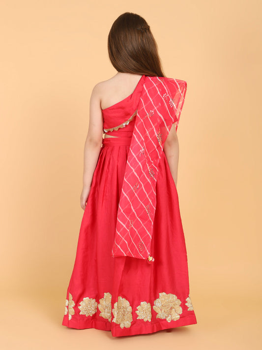 Pink One Shoulder Choli lehenga With Lehriya Dupatta - Set
