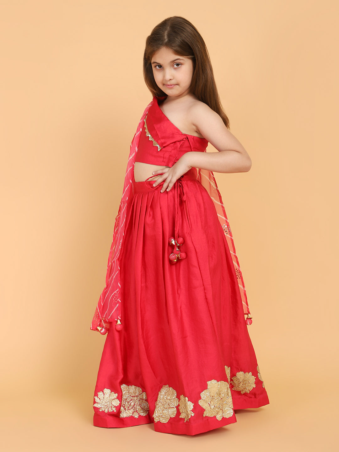 Pink One Shoulder Choli lehenga With Lehriya Dupatta - Set