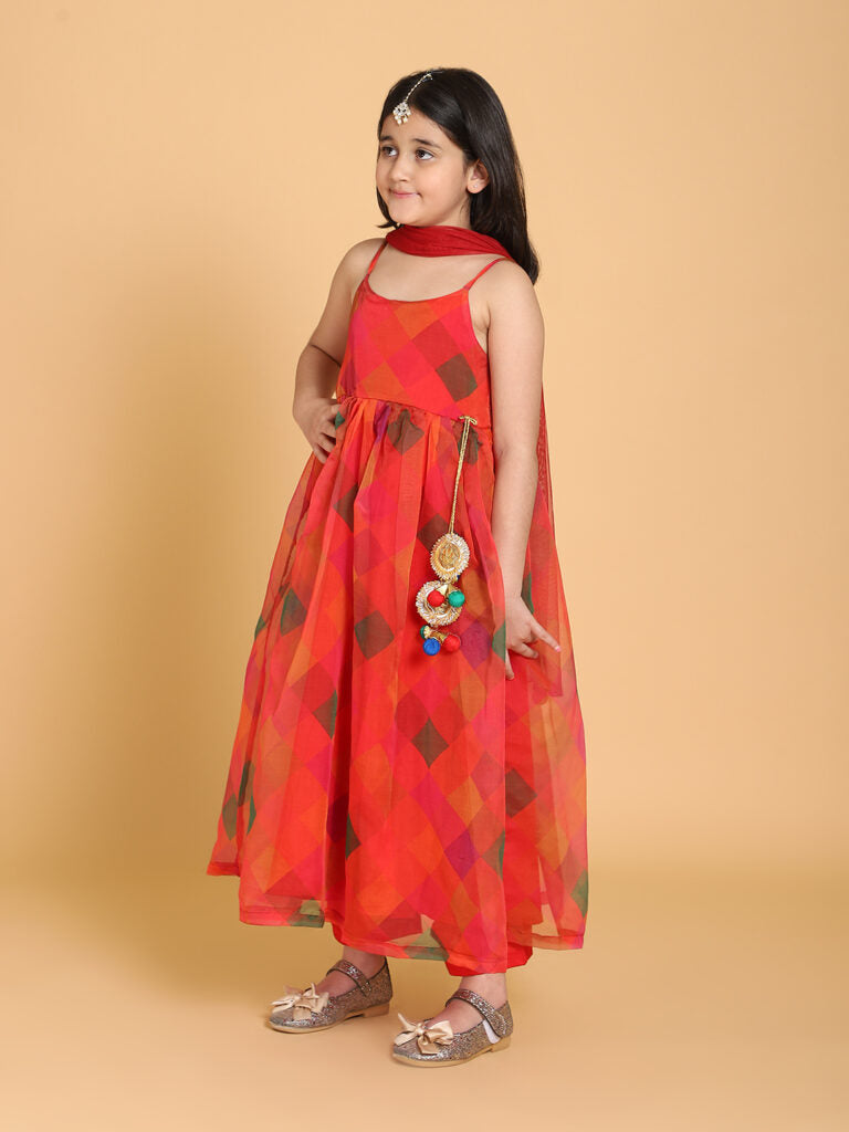 PICCOLO Girls Red Printed Kurta with Trousers With Dupatta