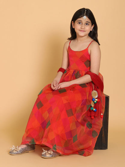 PICCOLO Girls Red Printed Kurta with Trousers With Dupatta