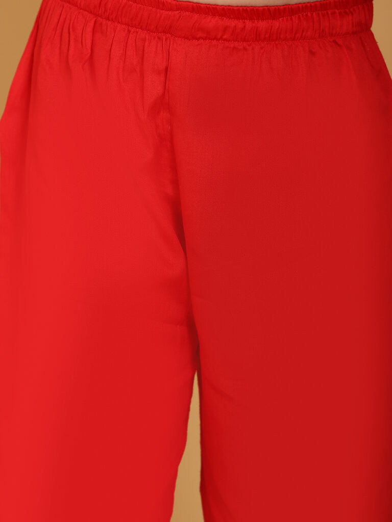 PICCOLO Girls Red Printed Kurta with Trousers With Dupatta