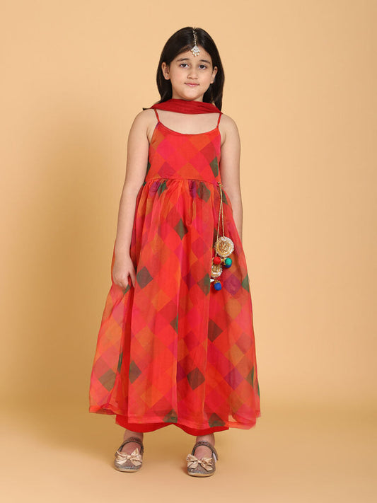 PICCOLO Girls Red Printed Kurta with Trousers With Dupatta