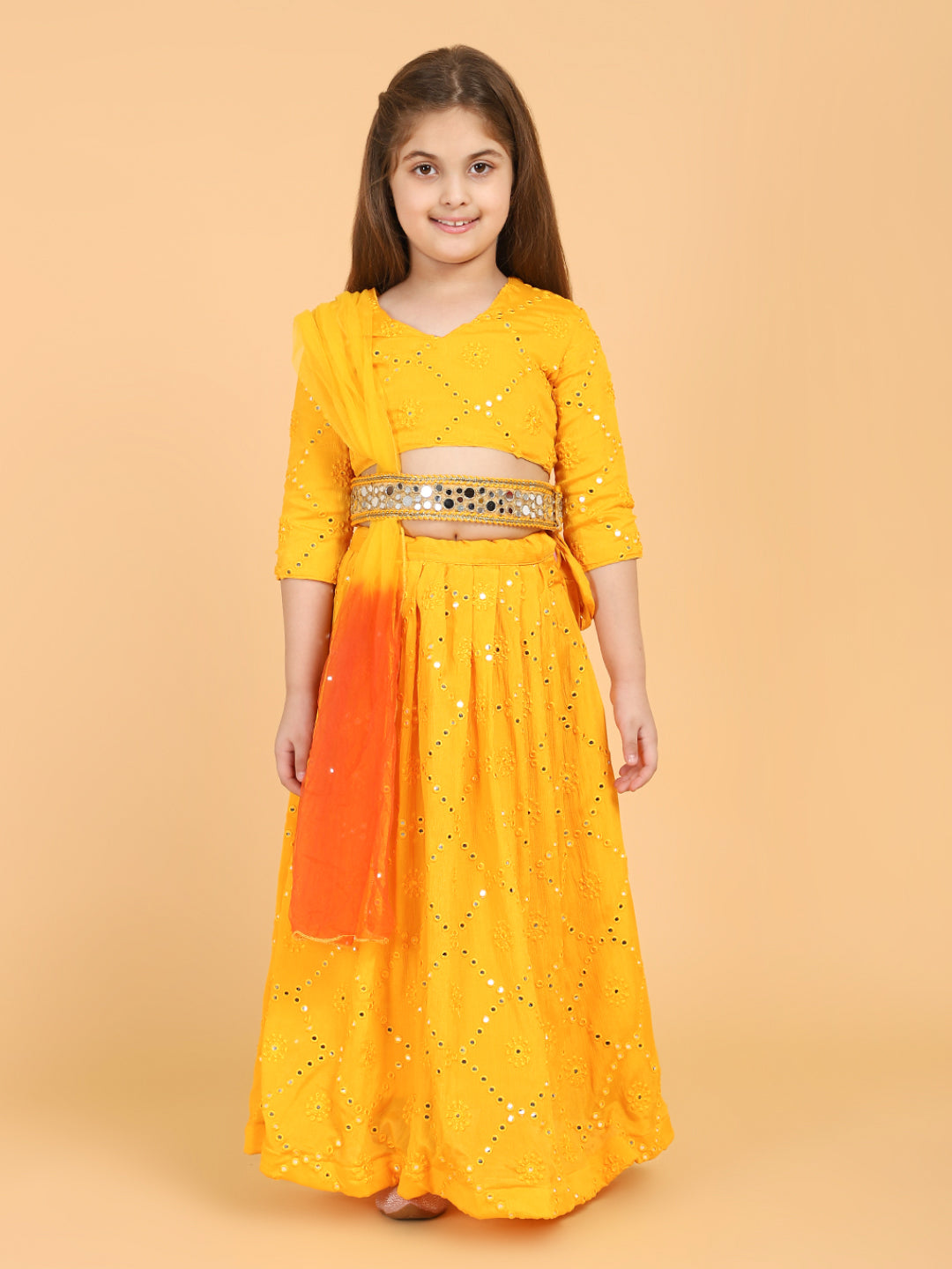 Girls Yellow Mirrorwork Lehenga Choli With Belt And Attached Dupatta Set