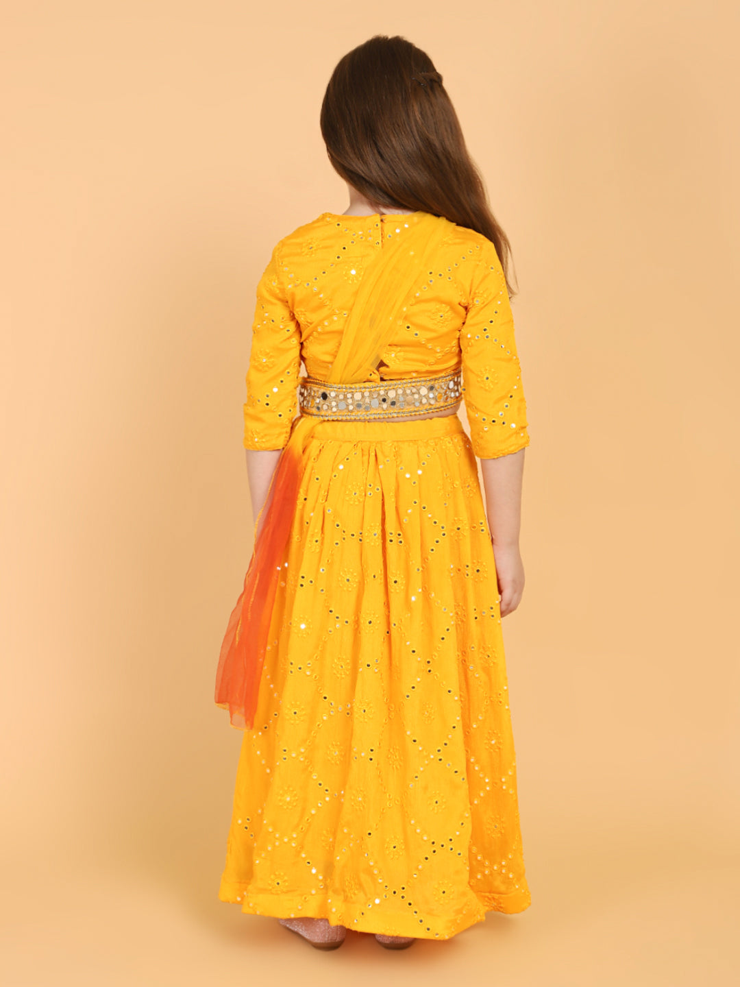Piccolo - Mirrorwork Lehenga Choli With Belt &amp; Attached Dupatta Set - Yellow