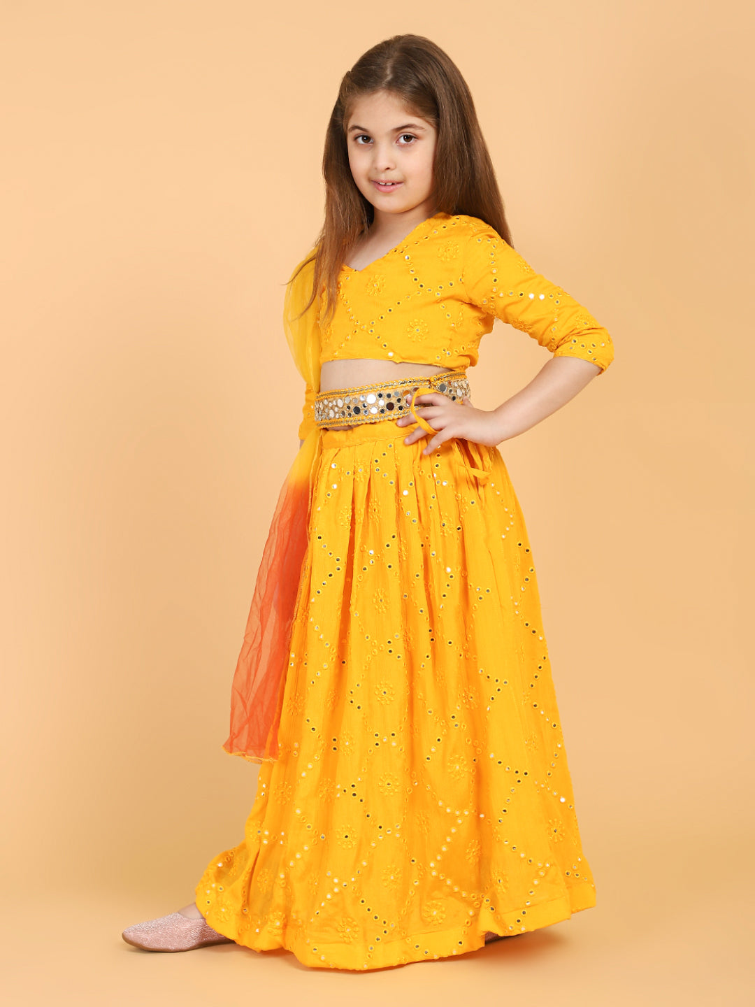 Piccolo - Mirrorwork Lehenga Choli With Belt &amp; Attached Dupatta Set - Yellow