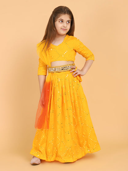 Piccolo - Mirrorwork Lehenga Choli With Belt &amp; Attached Dupatta Set - Yellow