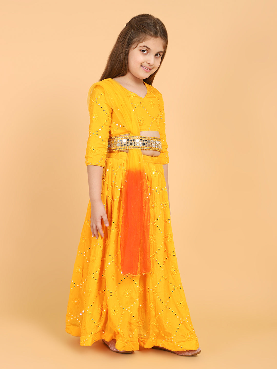 Piccolo - Mirrorwork Lehenga Choli With Belt &amp; Attached Dupatta Set - Yellow